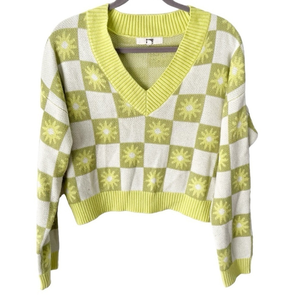Madden NYC Sweater Women's XL Juniors Green V Neck Jacquard Hippie Festival